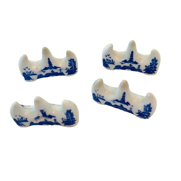 Vintage Chop Stick Rest Stand White Porcelain with Blue Detail Set of 4 - Picture 1 of 6